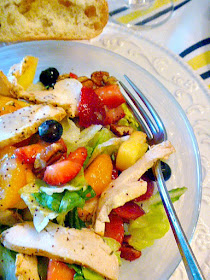 California Salad: A delicious salad filled with fresh fruit and moist roasted chicken, doused with a sweet dressing!  Slice of Southern