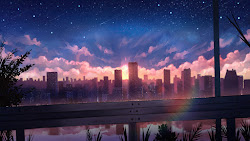 anime 4k scenery sunset wallpapers desktop buidings 1034 polychromatic rainbow backgrounds cityscape meteors skyscrapers stars uhdpaper sky water ultra image6