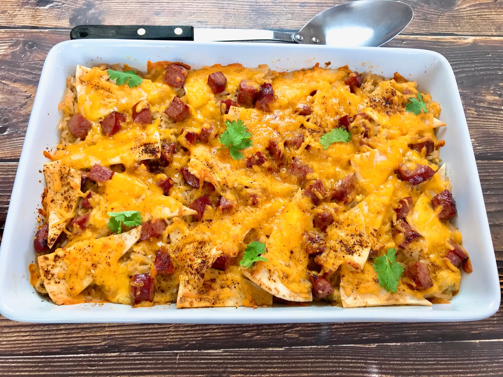 Breakfast Burrito Lasagna with Smoked Sausage