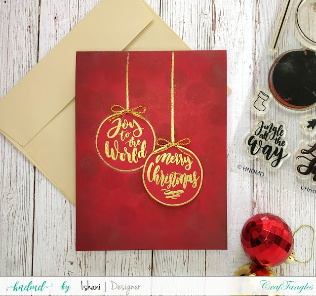 Craftangles, Christmas card, Ink blending, Hero Arts Ombre inks, stencil card, stenciling, Stretch your stamps, Quillish, CrafTangles Christmas Ornament stamp set, Christmas ornament card, Christmas baubles card, Video tutorial, Bokeh background, 