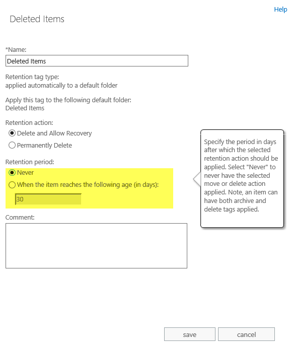 Unlimited retention time on deleted items on Exchange online in Office 365