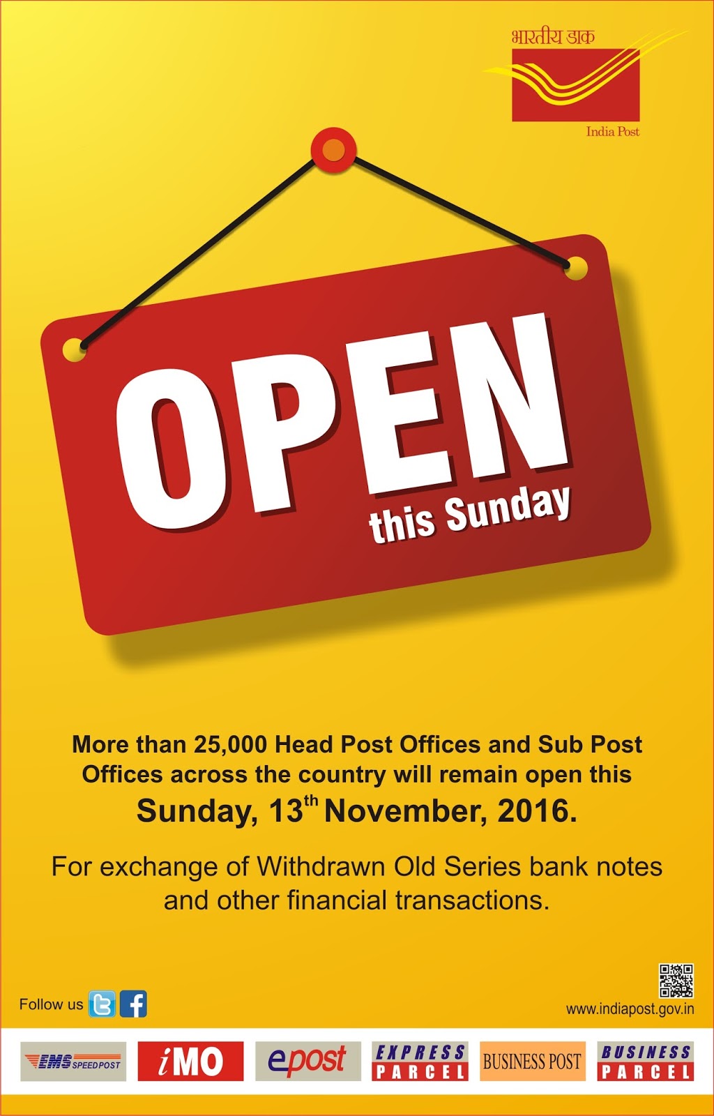 Opening of all Post Offices on 13.11.2016 (Sunday) Official Banner