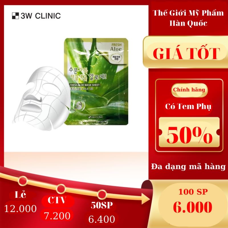 Mặt nạ chiết xuất từ lô hội 3W CLINIC FRESH ALOE MASK SHEET 10 miếng / hộp