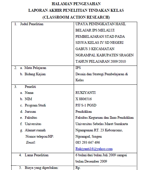 Download Contoh Laporan Penelitian Tindakan Kelas (PTK) SD