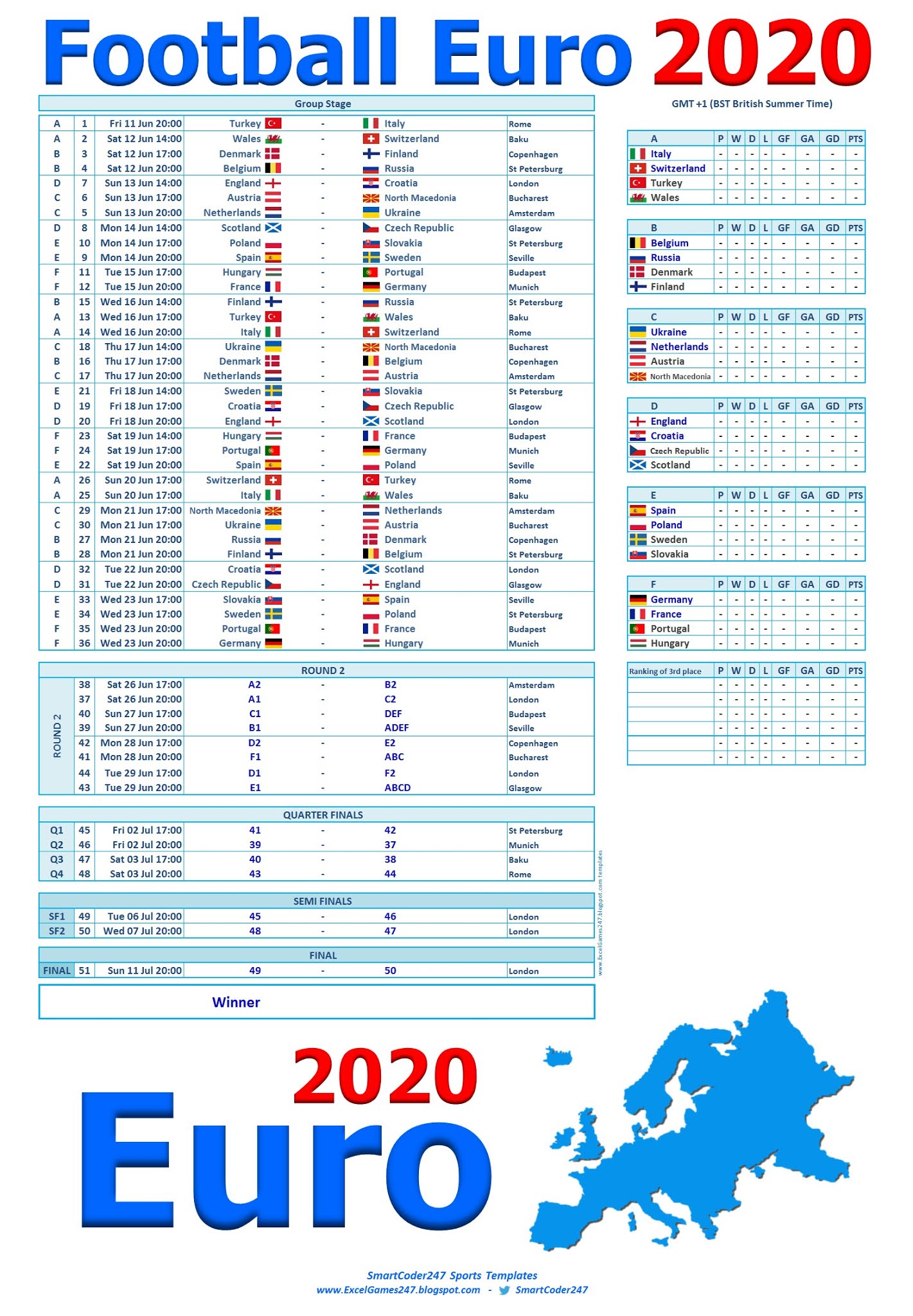 Smartcoder 247 Euro 2020 Football Wallcharts and Excel Templates