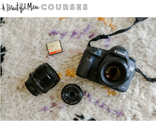 Screenshot from A Beautiful Mess Photography Course page shows a camera and lenses link  opens in the photography course page