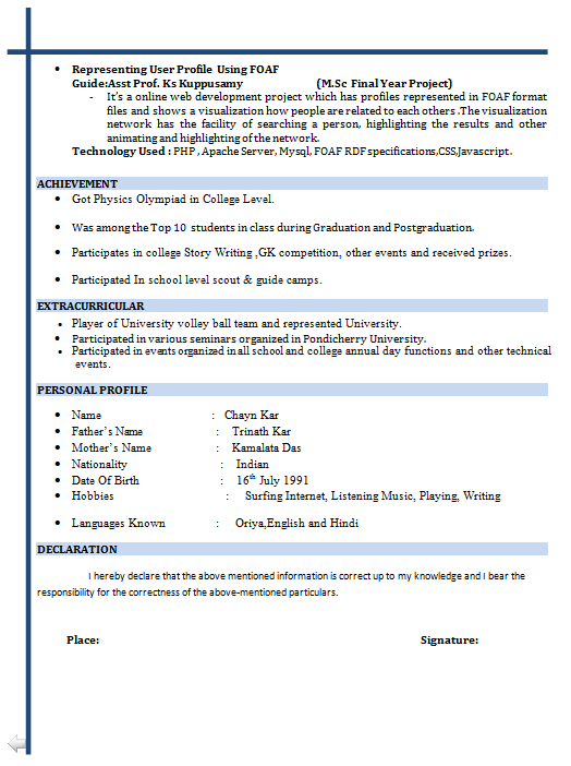 m.sc resume format free download