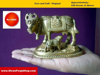 Brass Kamadhenu/Holy Cow and Calf Idol - Shree Pooja Shop