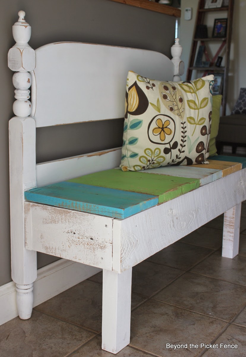 reclaimed wood headboard bench with storage http://bec4-beyondthepicketfence.blogspot.com/2014/08/bench-with-storage-beyond-picket-fence.html