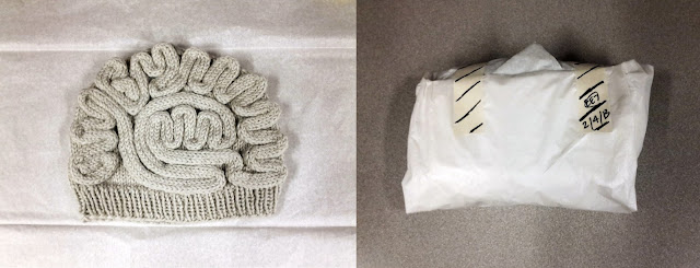 Cashmere brain hat - wrapped to look like a surgical pack