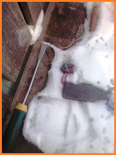 A dandelion weeding tool sits beside a snow covered mallet... as well as an old plastic toy
