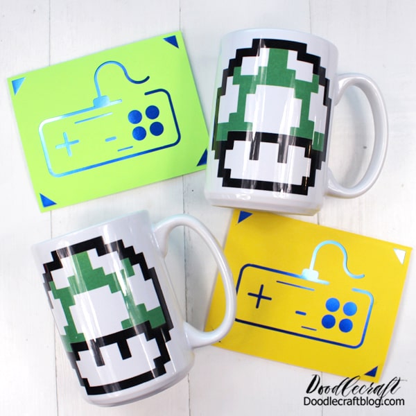 Need a handmade gift for a video gamer? Get old school with these fun crafts made using the Cricut. Make an 8-bit 1-up Mushroom mug using Infusible Ink Transfers and an old school controller insert card.