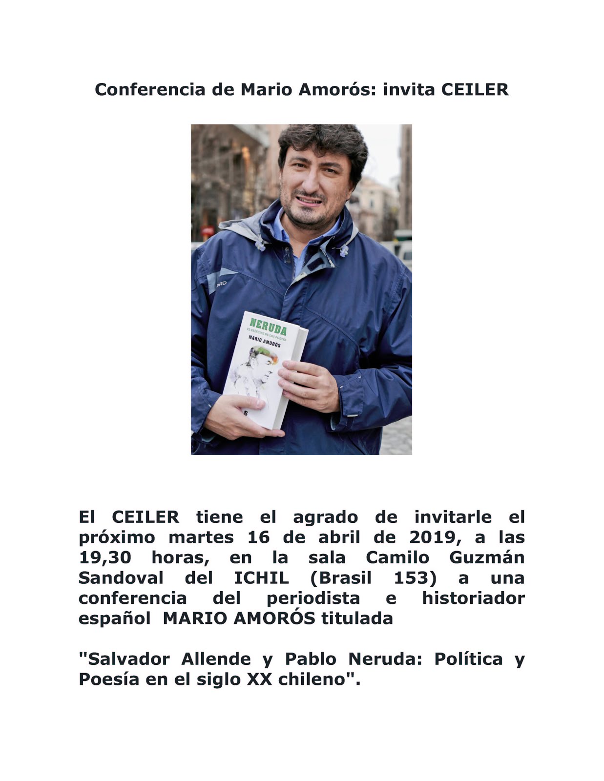 Conferencia de Mario Amorós: invita CEILER