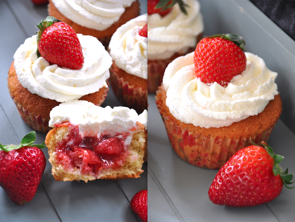 Krümelkreationen: Erdbeerkuchen-Cupcakes mit Erdbeerfüllung