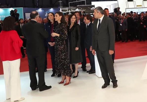 Queen Letizia wore a confetti-print shirt dress by Massimo Dutti. She wore Magrit red pumps. diamond earrings