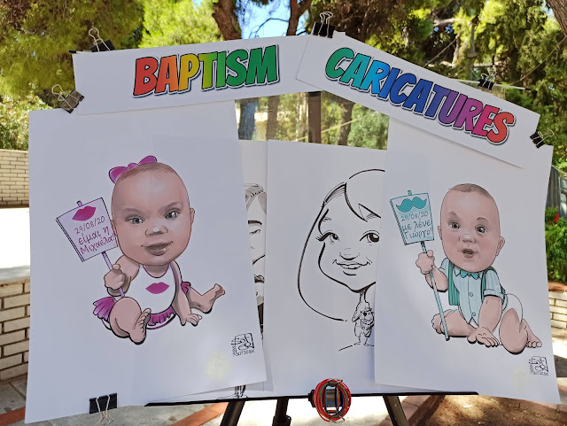 Μια όμορφη ξεχωριστή διπλή βάπτιση με πρωτότυπα δώρα για όλους τους  μικρούς και μεγάλους προσκαλεσμένους,- καρικατούρες - μια όμορφη ιδέα! baptism - live event caricature  soter skitso.biz