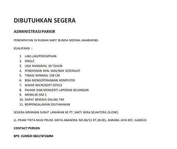 Lowongan Kerja Administrasi Parkir Rumah Sakit Bunda Medika Jakabaring Karir Palembang