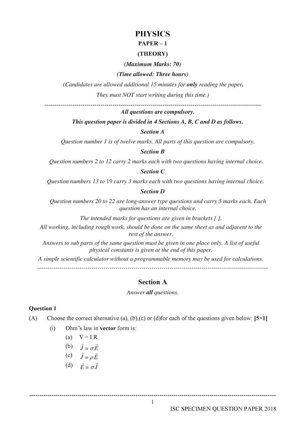 isc 2018 class XII Physics (Theory) paper-1 specimen question paper isc 2018 class 12th Physics (Theory) Sample paper