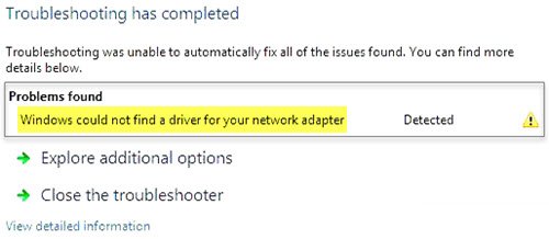 Windowsはネットワークアダプタのドライバを見つけることができませんでした