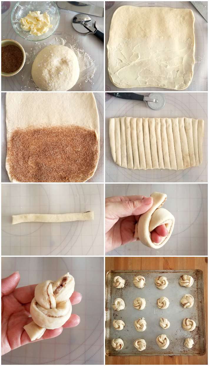 Proceso de elaboración de los lacitos, se extiende la masa, se agrega la mantequilla ablandada, azúcar y canela; se corta en tiras delagadas, se hace como un lazo y se coloca sobre una bandeja para hornear