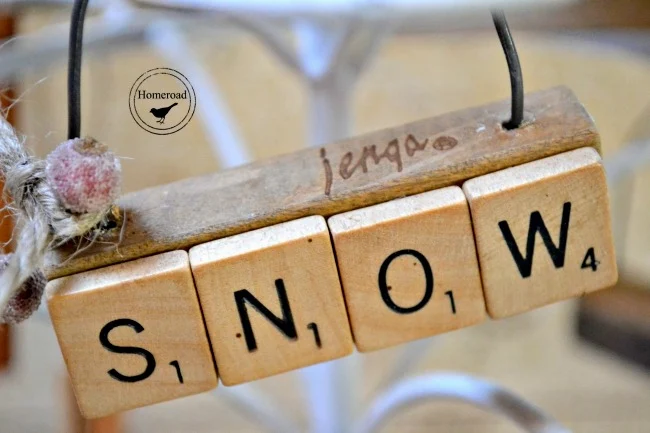 Repurposed DIY Christmas Ornaments using Jenga blocks and vintage scrabble tiles www.homeroad.net