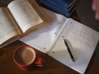 book, notebook, coffee, pen