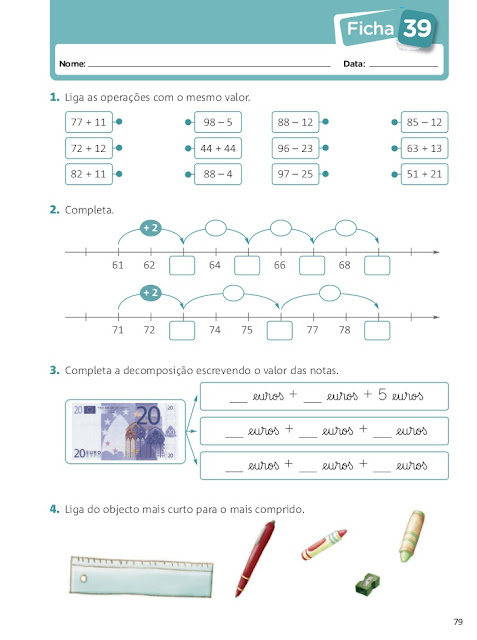 fichas de trabalho 1 ano matematica