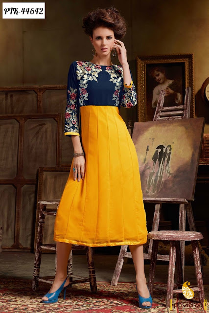 Cobalt blue yellow georgette embroidery kurti online at lowest price