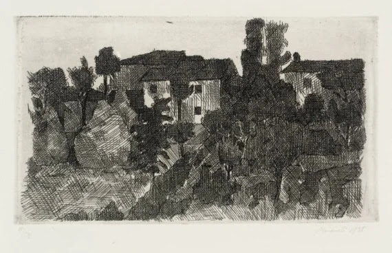 van gogh pencil-marking shadng technique of houses in a forest