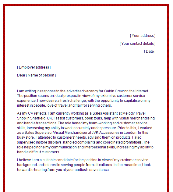 cover letter for cabin crew job with experience