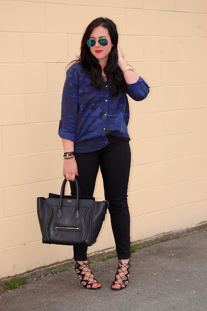 Zara camouflage blouse, Old Navy Rockstar jeans, Prabal Gurung for Target cage heels and a Celine mini luggage tote