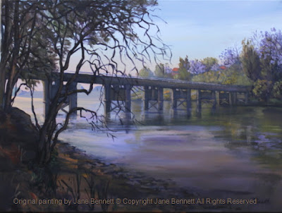 Plein air oil painting of the old Windsor Bridge painted by heritage artist Jane Bennett