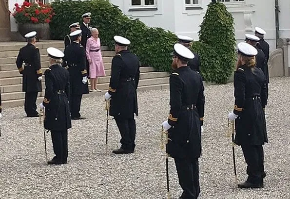 Queen Margrethe of Denmark received new officers from the Navy at Marselisborg Palace in Aarhus. Crown Princess Mary and Princess Isabella