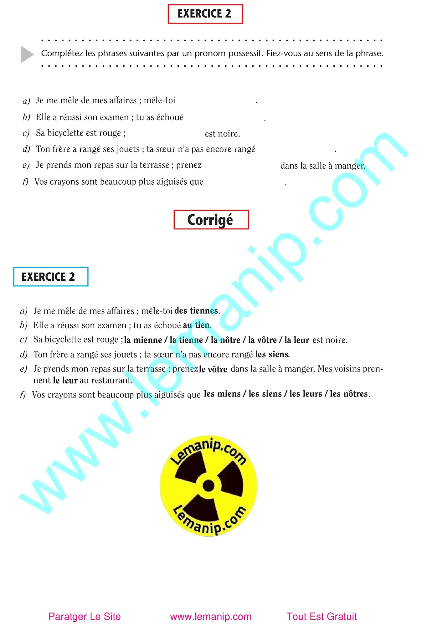 Pronom Possessif: Exercice 2 avec correction