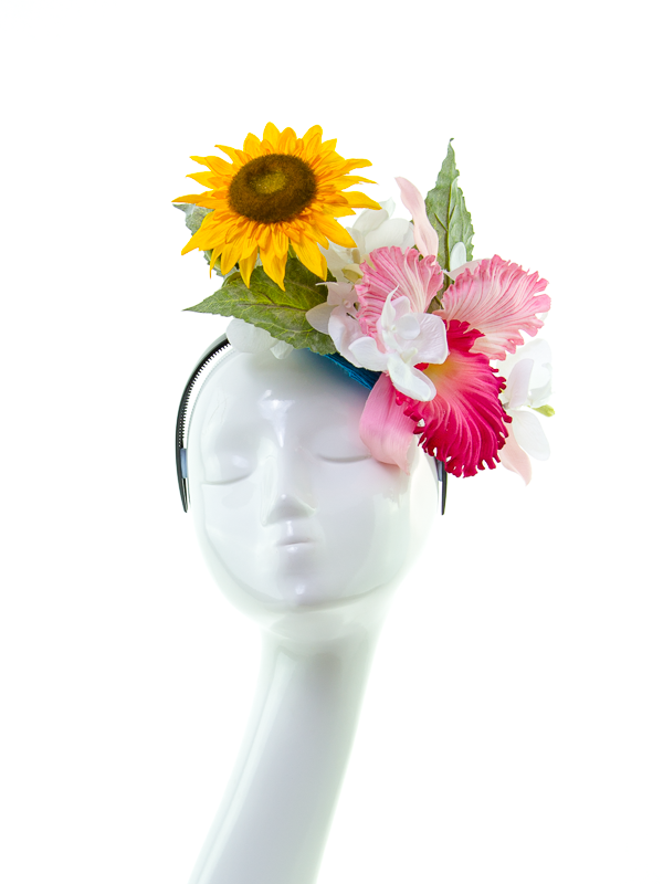 mystic magic, headpiece, head wear, floral, couture, avant garde, summer, designer, photo, product photography, flowers, pink, sunflower, yellow, 