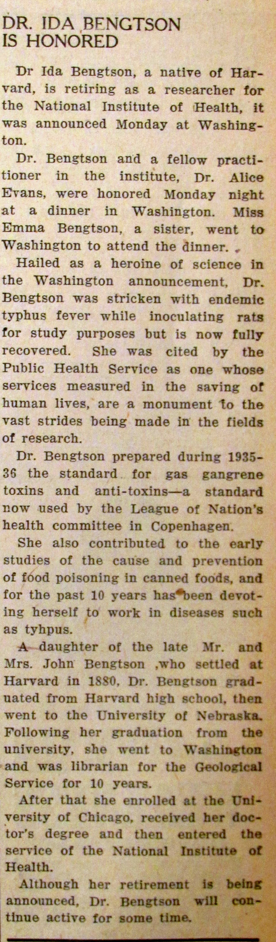 Sutton Nebraska Museum Dr. Ida Bengtson, Harvard 