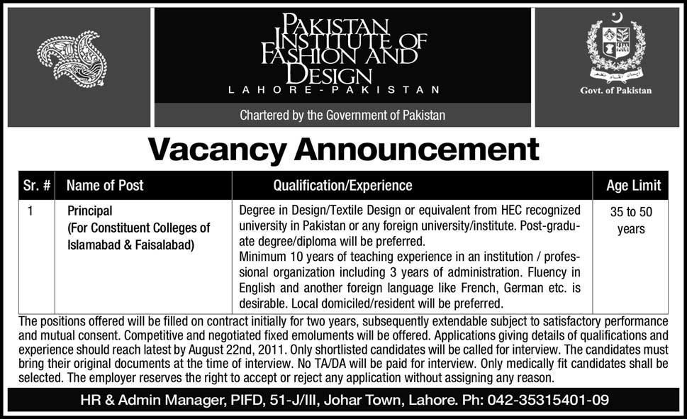 JOBS 4 ALL Pakistan Institute of Fashion Design Lahore Career