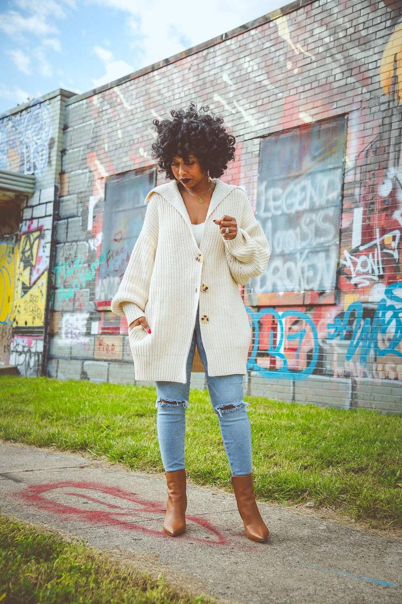 Sweenee Style, indianapolis style blog, free people cardigan, free people style, how to wear distressed denim, natural hair, fall 2021 outfit idea Sweenee Style, indianapolis style blog, free people cardigan, free people style, how to wear distressed denim, natural hair, fall 2021 outfit idea