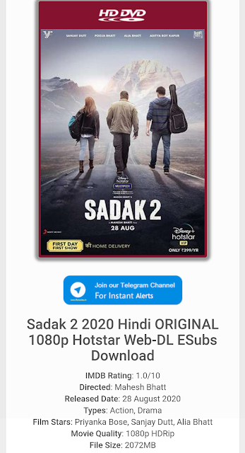 Downloadhub - Download Sadak 2 Hindi Movie in 300MB, 100mb {SD HD and full HD} From Illegal Website
