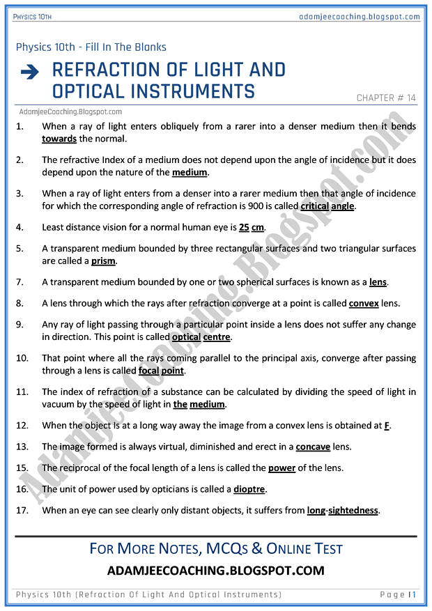 Adamjee Coaching Refraction of Light and Optical Instruments Fill in