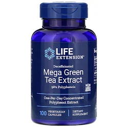 Life Extension, мегаэкстракт зеленого чая, без кофеина, 100 вегетарианских капсул