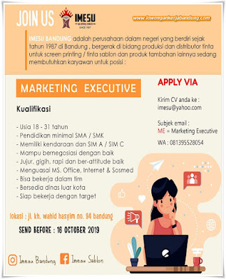Lowongan Kerja Bandung Marketing Executive Imesu Sablon Bandung