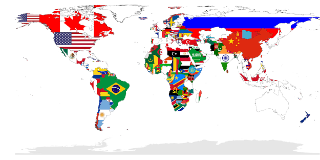 Mapa múndi com os países estampados pelas próprias bandeiras