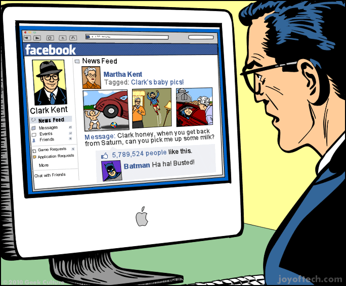 Clark Kent looking at his Facebook News Feed where Martha Kent has tagged him in a post of baby pictures where he's using super-powers, liked over five million times, with a comment from Batman reading 'Ha ha! Busted!'
