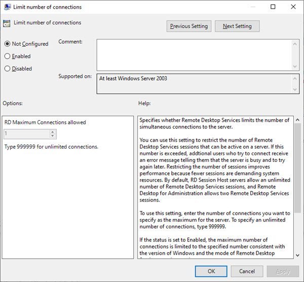 Limiter le nombre de connexions Bureau à distance dans Windows 10