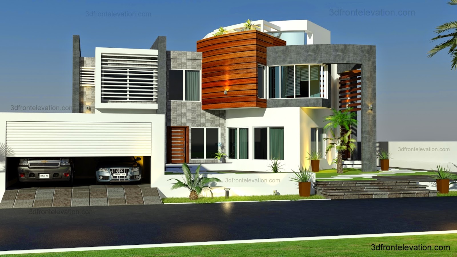 3D  Front Elevation com Oman Modern Contemporary villa  3D  
