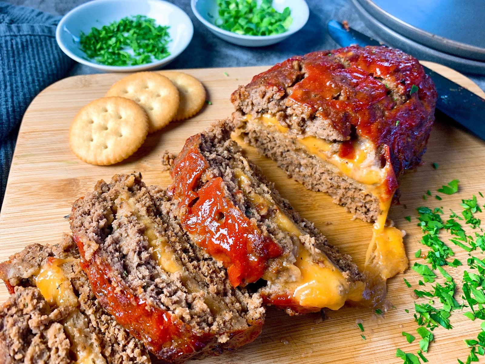 Stuffed Meatloaf with Cheese and Crackers