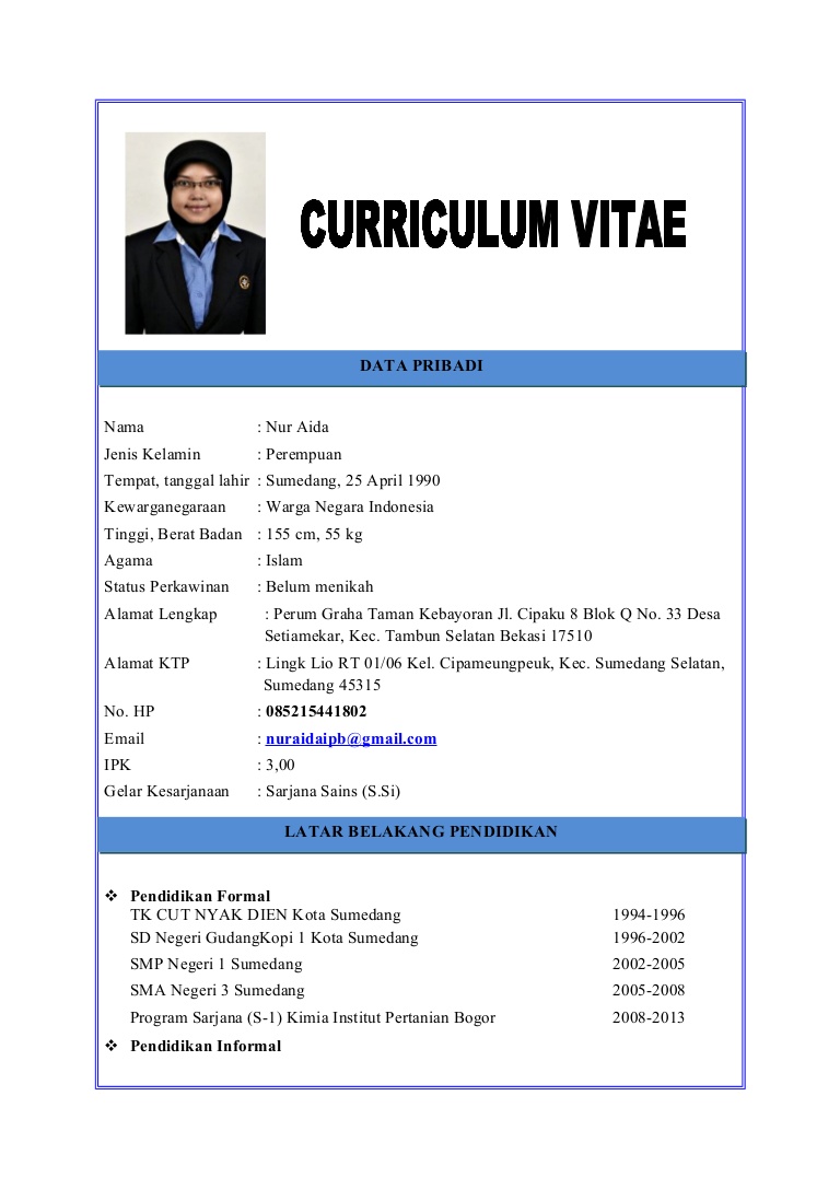 Contoh Curriculum Vitae Yang Baik - ben jobs