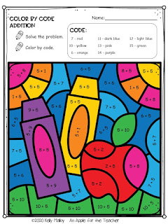 Color by Number Addition Facts School Supply Themed crayons colored in