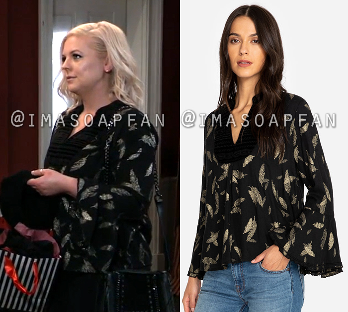 Maxie Jones, Kirsten Storms, Black and Gold Feather Print Bell Sleeve Blouse, General Hospital, GH